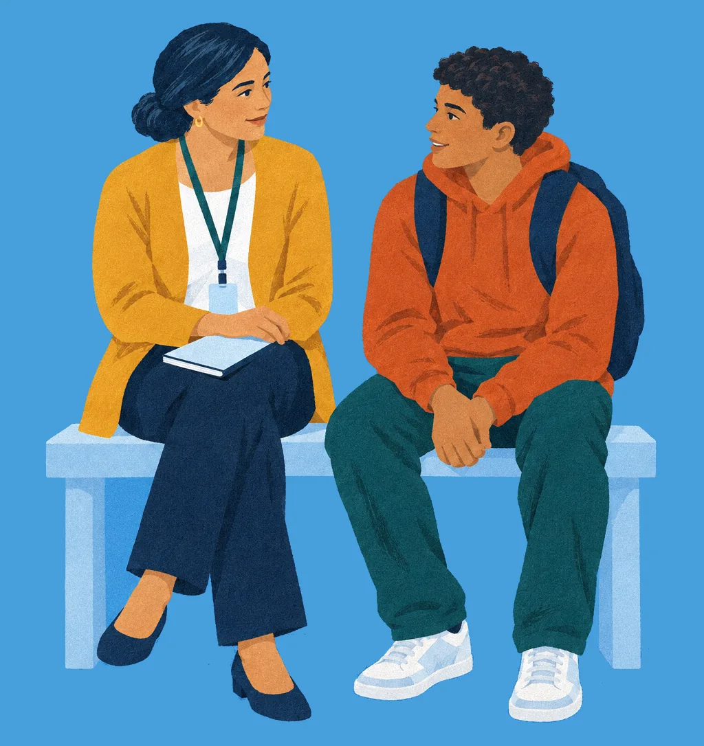 A school counselor and a student talking on a bench between classes.