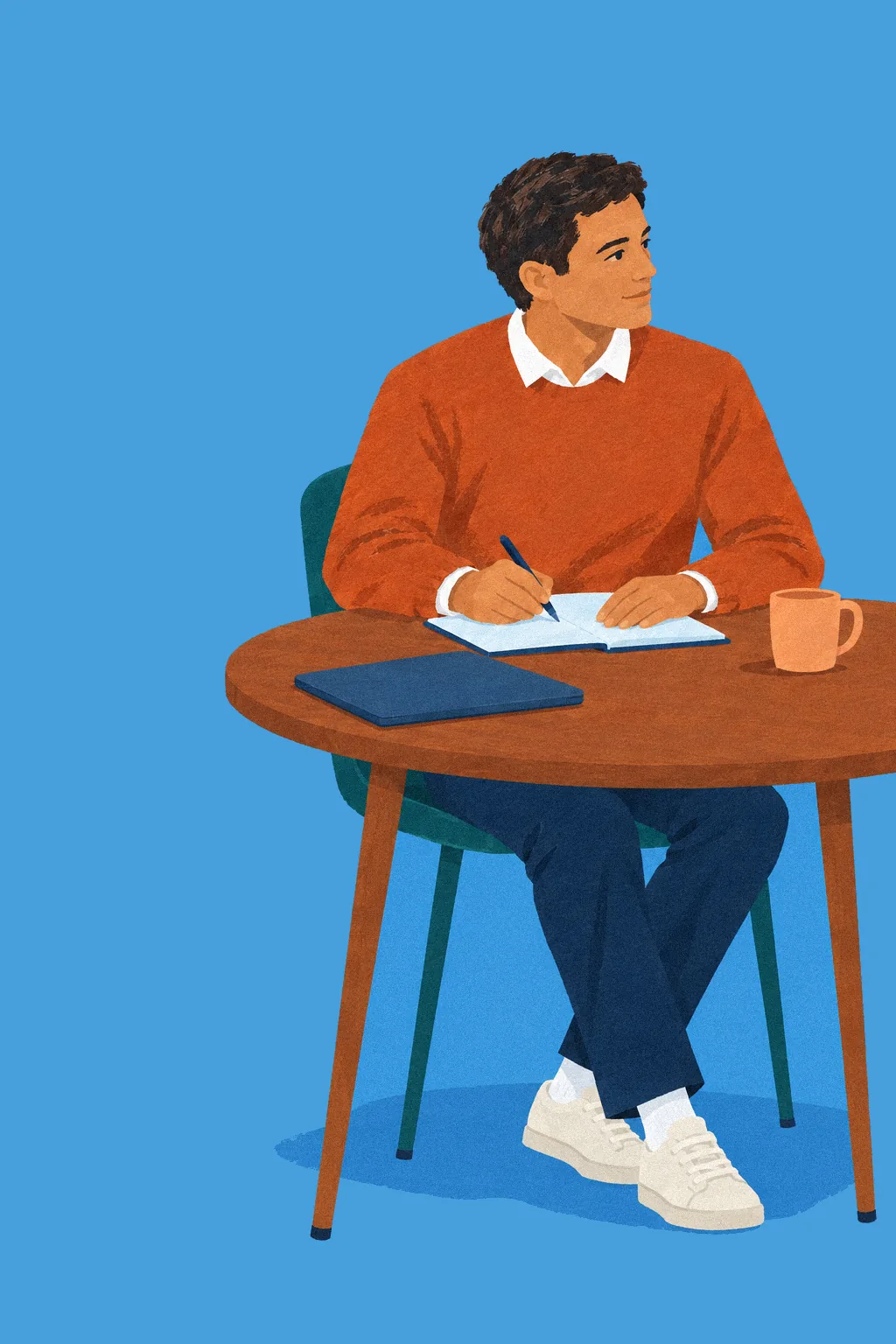 A school staff member at a table, writing notes after a conversation.