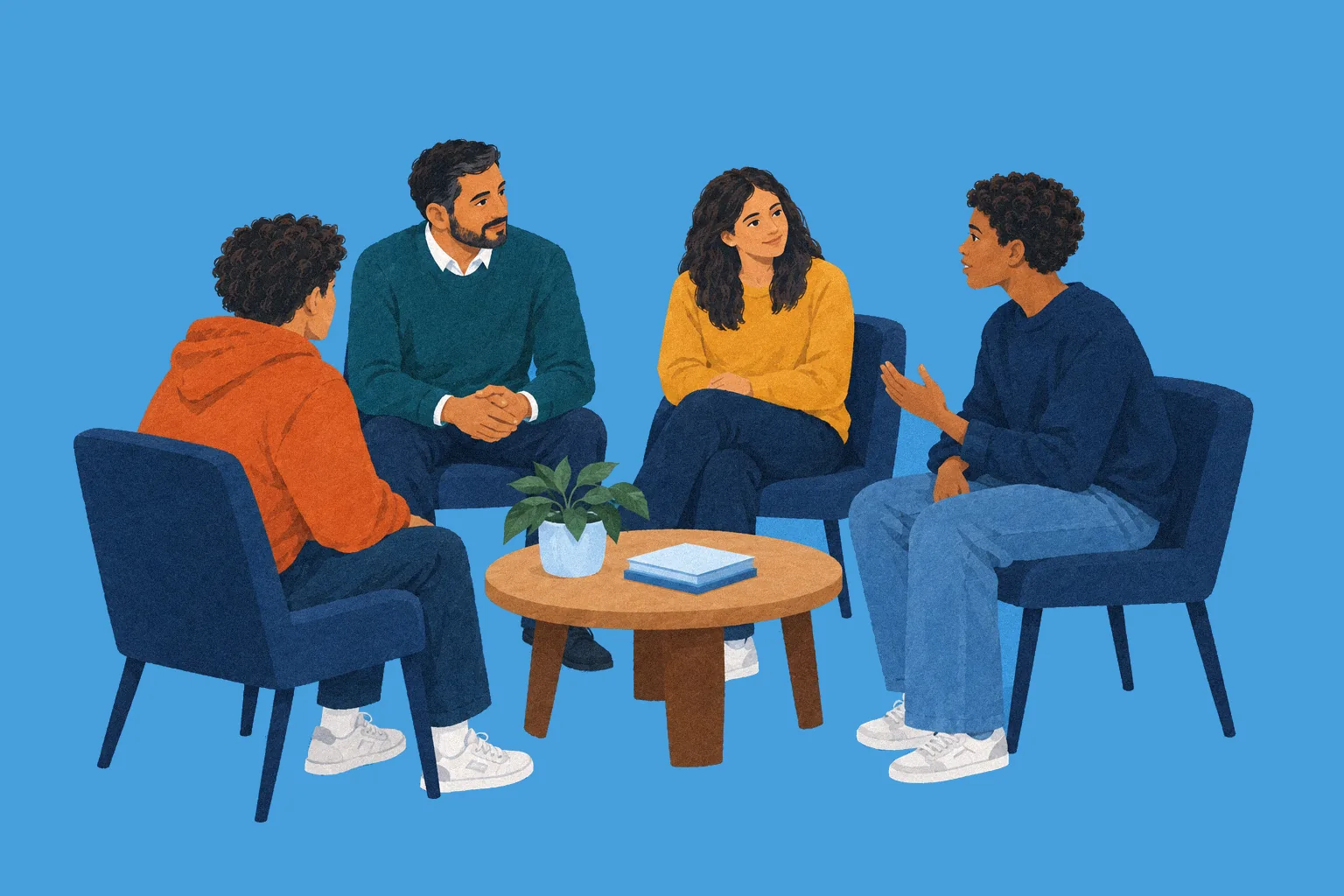 A counselor sits in a circle of chairs with three students, talking together.