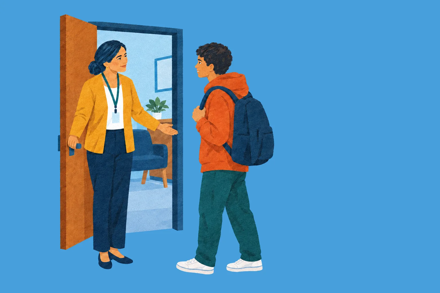 A school counselor welcomes a student into her office.