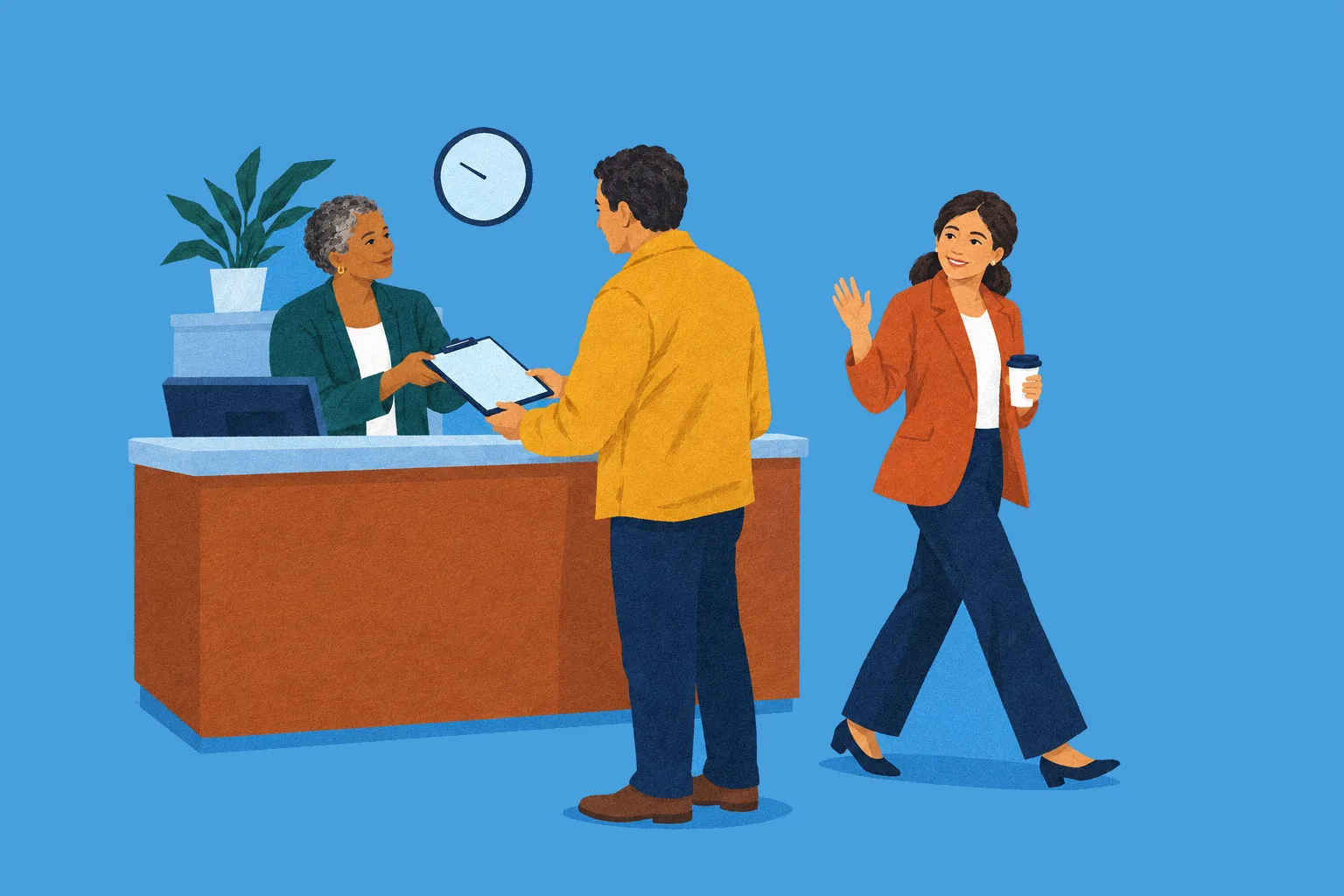 A school front office in the morning: the office manager helps a parent sign in as the principal walks past.