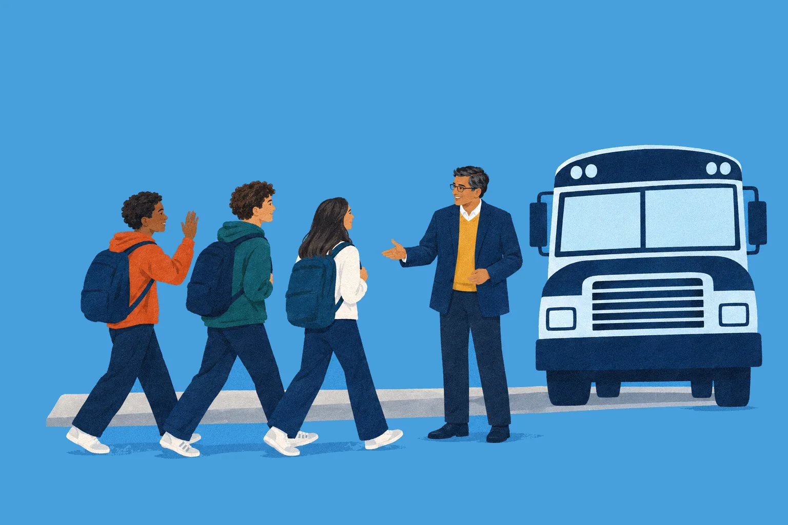 A principal greets students as they step off the morning bus.