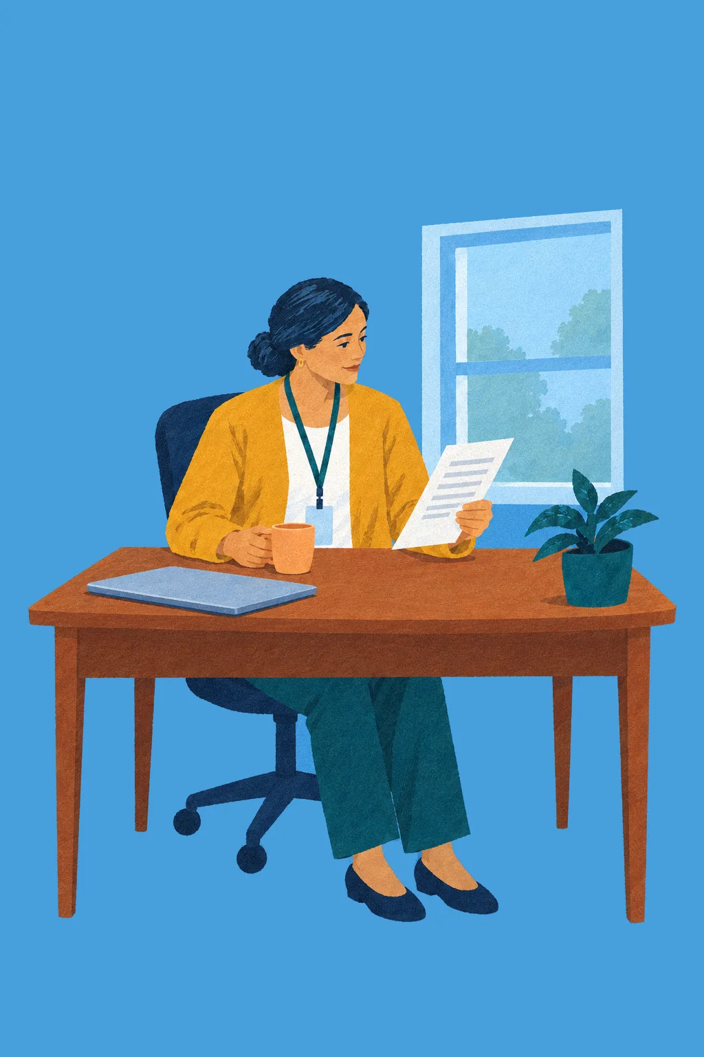 A school counselor sits at her desk, reading a page of notes.