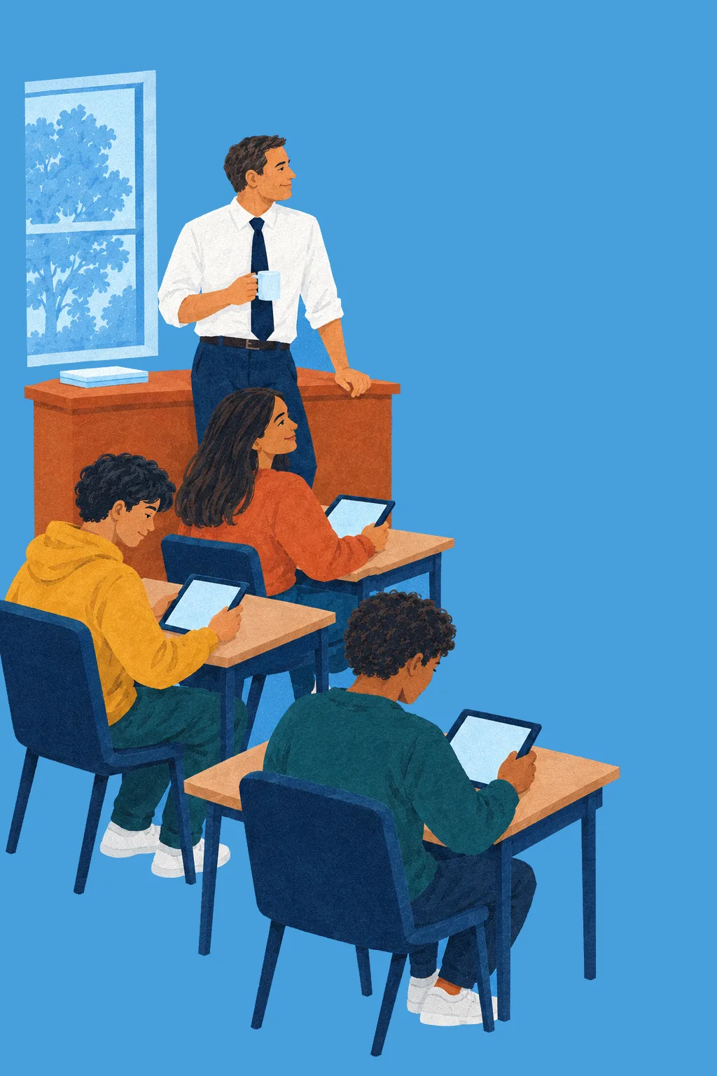 A homeroom teacher stands at the front of the class while students check in on their tablets.