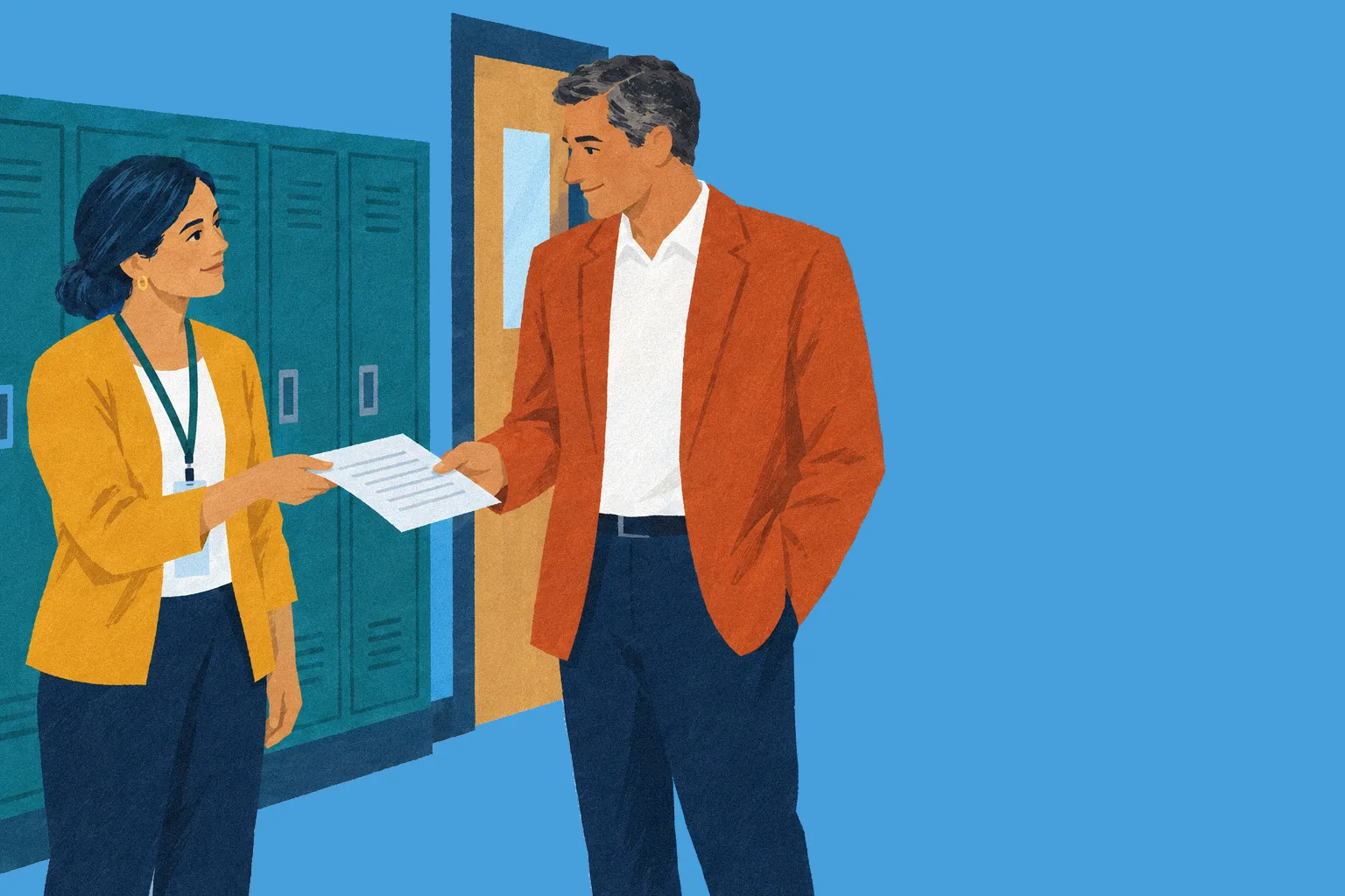 A counselor hands a printed page to a district director in a school hallway.