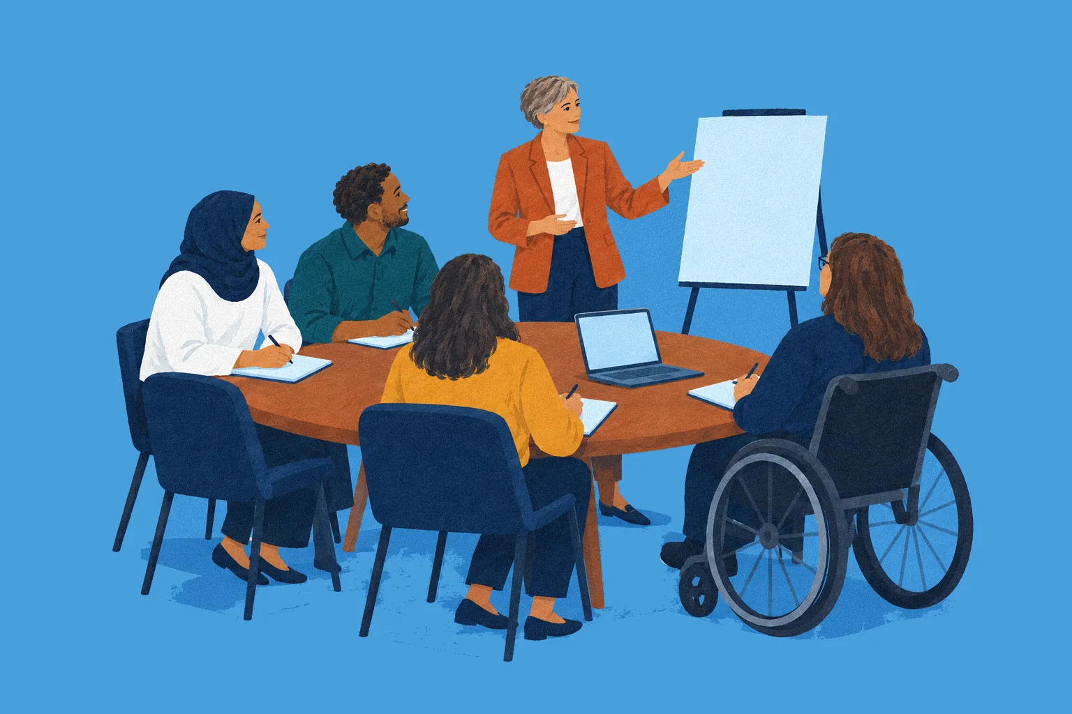 A trainer at a flip chart walks a table of school staff through a training session.